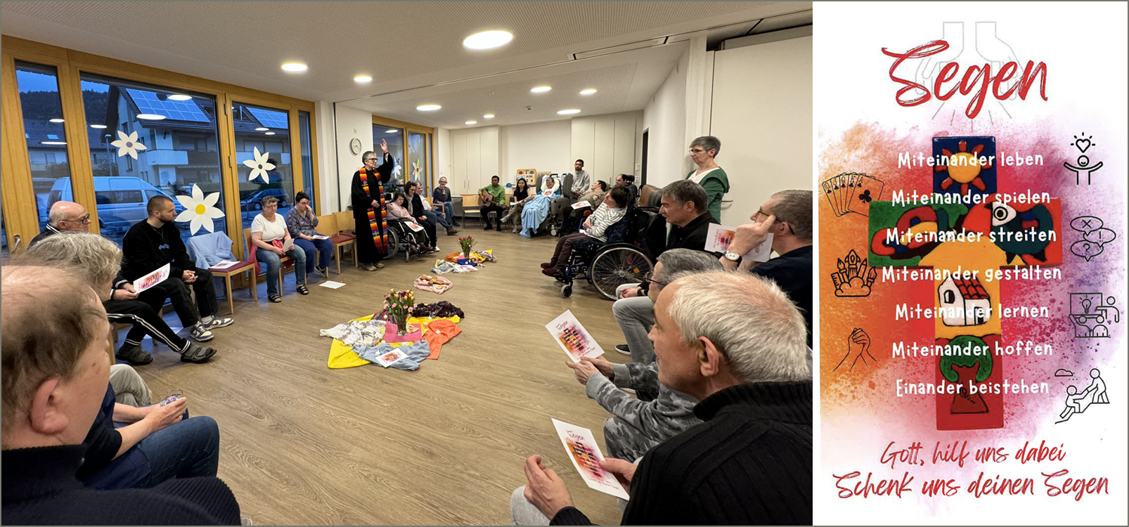 Menschen mit und ohne Behinderung sitzen in einem Raum. Ein Gottesdienst findet statt.